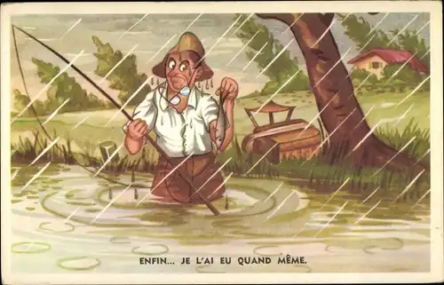 Künstler Ak Angler im Regen