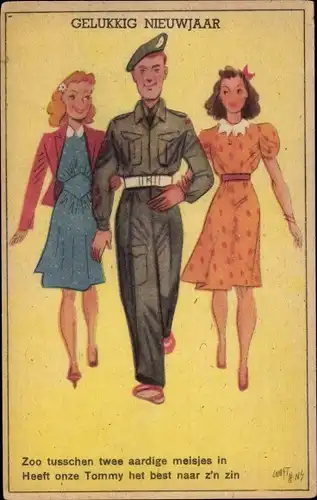 Künstler Ak Glückwunsch Neujahr, Soldat, Zwei Frauen, Zoo tusschen twee aardige meisjes...