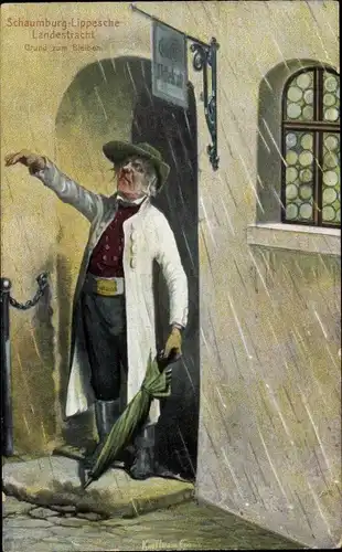 Künstler Ak Schaumburg-Lippische Landestracht, Mann kommt aus dem Gasthaus, Regen