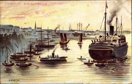 Künstler Ak Saigon Cochinchine Vietnam, Schiffe und Boote im Hafen