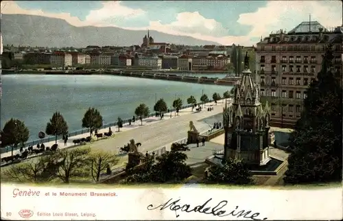 Ak Genf, Denkmal Brunswick, Kutschen, Bäume, Häuser