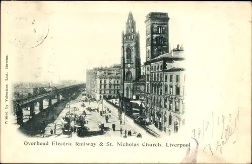 Ak Liverpool Merseyside England, Overhead Electric Railway, St. Nicholas Church