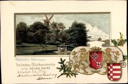 Präge Wappen Litho Hansestadt Bremen, Wallanlagen, Windmühle, Neujahrsglückwünsche