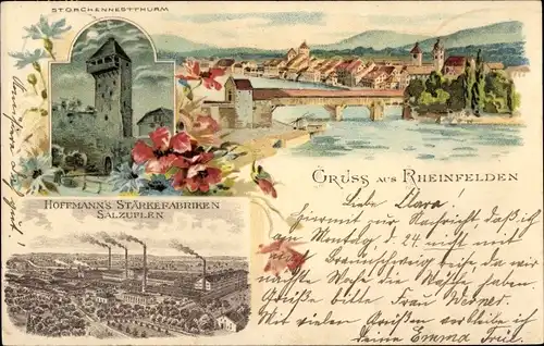 Litho Rheinfelden in Baden, Stadtansicht, Storchennestturm, Hoffmanns Stärkefabriken