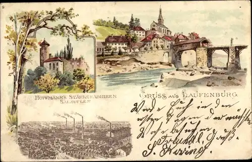 Litho Laufenburg am Hochrhein, Hoffmanns Stärkefabriken Salzuflen, Kirche, Stadt, Brücke