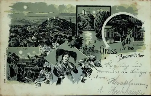 Mondschein Litho Badenweiler im Kreis Breisgau Hochschwarzwald, Teilansichten, Alter Mann