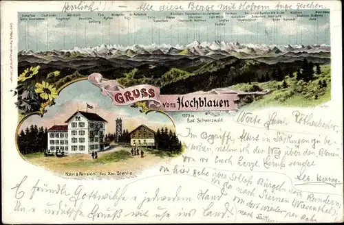 Litho Blauen Badenweiler im Schwarzwald, Hochblauen, Hotel und Pension, Gebirge