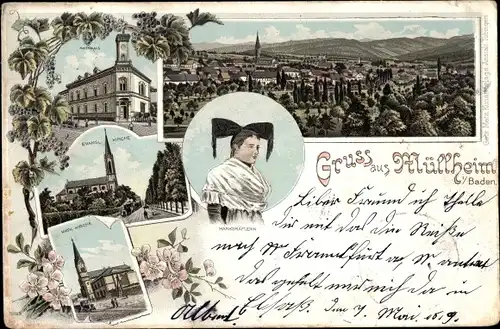 Litho Müllheim in Baden Markgräflerland, Totale, Rathaus, Kirchen, Tracht