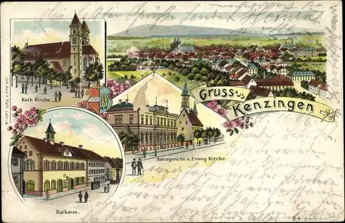 Litho Kenzingen im Breisgau Baden, Totale, Amtsgericht, Kirche, Rathaus