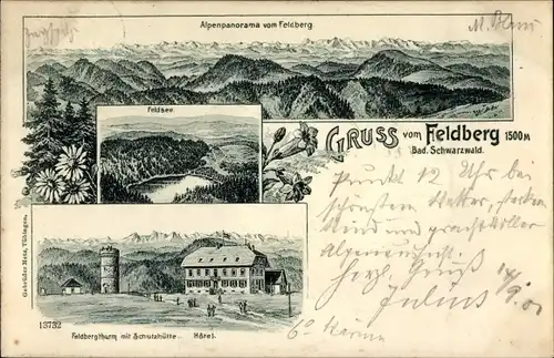 Litho Feldberg im Schwarzwald, Alpenpanorama, Feldbergturm mit Schutzhütte, Feldsee