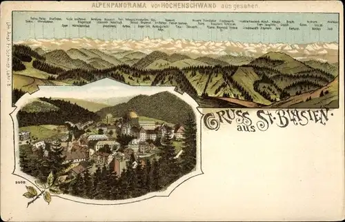 Litho Sankt Blasien im Schwarzwald, Alpenpanorama von Höchenschwand aus gesehen, Ort