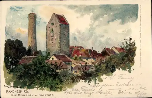 Künstler Litho Bergen, Fritz, Ravensburg in Württemberg Oberschwaben, Mehlsack und Obertor