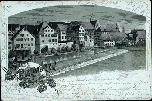 Mondschein Litho Riedlingen an der Donau Württemberg, Stadt bei Nacht, Wehr