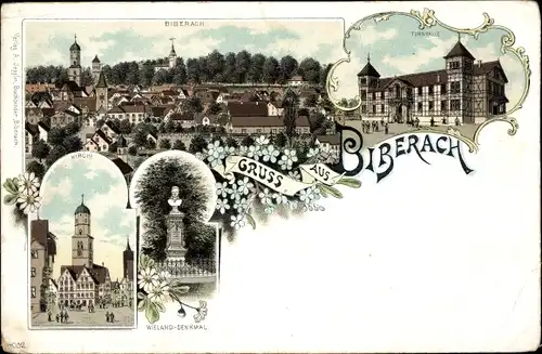 Litho Biberach an der Riß in Oberschwaben, Ort, Turnhalle, Kirche, Wieland Denkmal