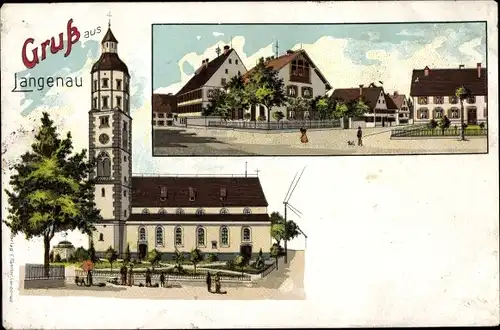 Litho Langenau in Württemberg, Kirche, Marktplatz, Straßenpartie