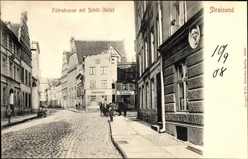 Ak Stralsund in Mecklenburg Vorpommern, Fährstraße mit Schill Relief, Geschäft Robert Schmidt