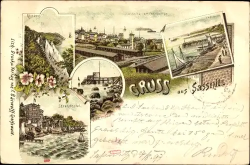 Litho Sassnitz auf Rügen, Klinken, Hafen, Strandhotel, Herrenbad