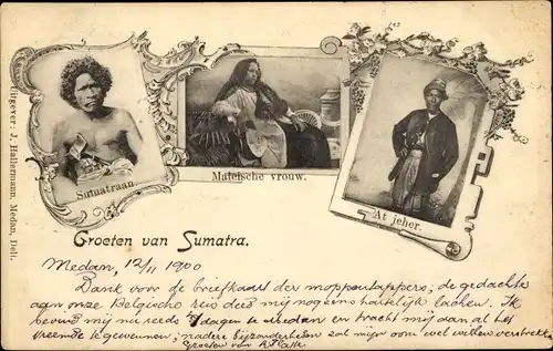 Ak Sumatra Indonesien, Volkstypen in Trachten