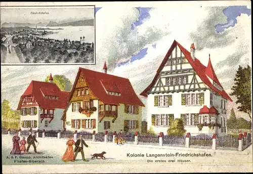 Ak Friedrichshafen am Bodensee, Kolonie Langenstein, erste drei Häuser, Stadt