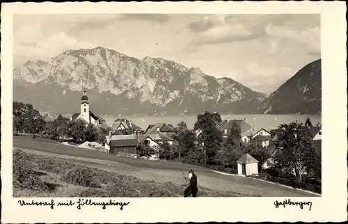 Ak Unterach am Attersee in Oberösterreich, Panorama vom Ort m. Höllengebirge
