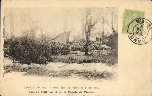 Ak Hanoi Tonkin Vietnam, Vues du Petit Lac et de la Pagode du Pinceau, apres le typhon 1903