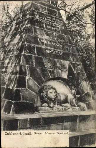 Ak Lützel Koblenz, General Marceau-Denkmal, Löwe