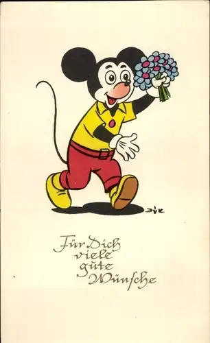 Künstler Ak Glückwunsch, Maus mit Blumenstrauß, nach Disney