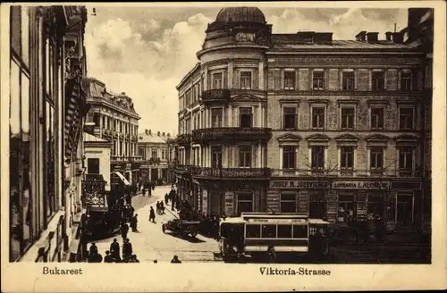Ak București Bukarest Rumänien, Viktoria Straße, Buchhandlung, Straßenbahn