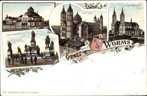 Litho Worms am Rhein, Dom, Panorama, Großherzogdenkmal, Lutherdenkmal