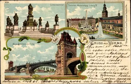 Litho Worms, Lutherdenkmal, Neue Straßenbrücke, Großherzog-Ludwig IV-Denkmal