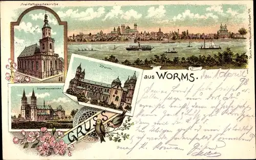 Litho Worms am Rhein, Totalansicht, Dom, Dreifaltigkeitskirche