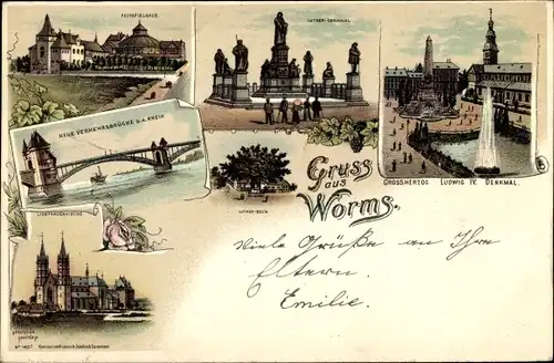 Litho Worms am Rhein, Lutherdenkmal, Neue Verkehrsbrücke, Großherzog-Ludwig IV-Denkmal