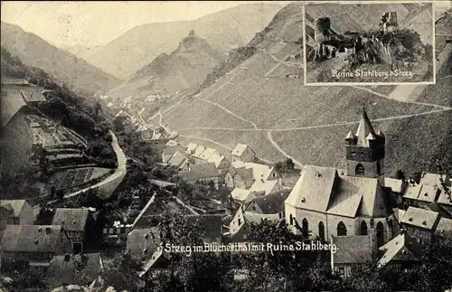 Ak Steeg Bacharach im Blüchertal, Ruine Burg Stahlberg, Kirche, Panorama, Stempel Vereinslazarett