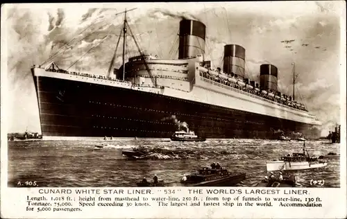 Künstler Ak Cunard White Star Line, 534, Queen Mary, das größte Linienschiff der Welt