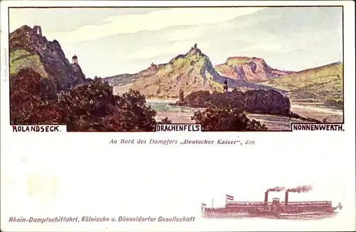 Künstler Ak Remagen Kreis Ahrweiler, Rolandseck, Drachenfels, Nonnenwerth, Dampfer Deutscher Kaiser