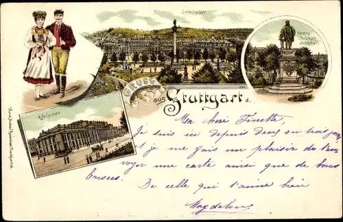 Litho Stuttgart in Baden Württemberg, Königsbau, Schlossplatz, Herzog Christoph Denkmal