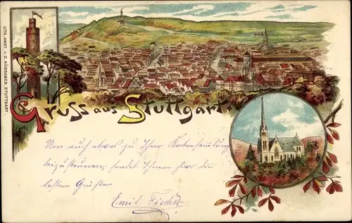 Litho Stuttgart in Baden Württemberg, Totalansicht, Kirche