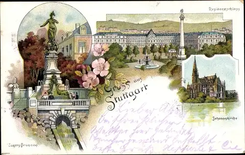 Litho Stuttgart in Baden Württemberg, Residenzschloss, Johanneskirche, Brunnen