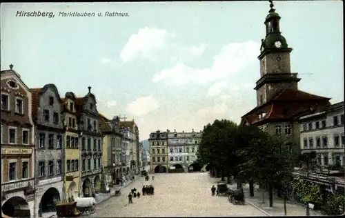 Ak Jelenia Góra Hirschberg Riesengebirge Schlesien, Marktlauben, Rathaus