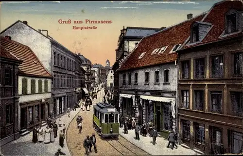 Ak Pirmasens am Pfälzerwald Rheinland Pfalz, Hauptstraße, Straßenbahn