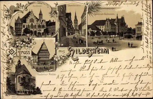 Litho Hildesheim in Niedersachsen, Rathaus, Gymnasium, Kirche