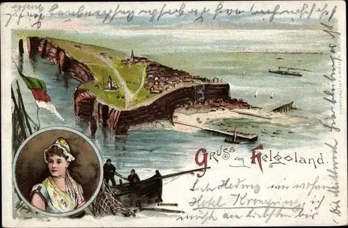 Litho Nordseeinsel Helgoland, Gesamtansicht, Fischer, Frau in Tracht