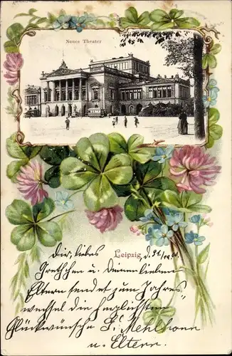 Litho Leipzig in Sachsen, Neues Theater, Glücksklee, Blumen, Vergissmeinnciht