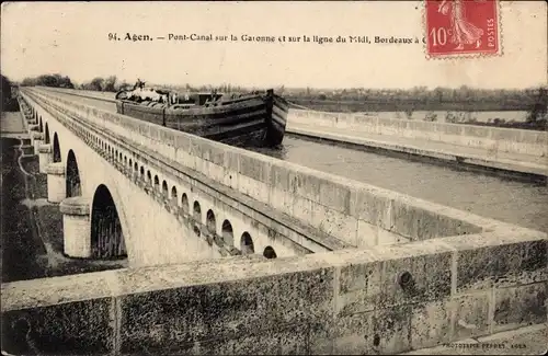 Ak Agen Lot et Garonne, Pont-Canal an der Garonne und an der Midi-Linie