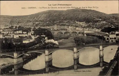 Ak Cahors Lot, Le Pont du Chemin de fer und Louis-Philippe, gegenüber dem Mont St-Cyr