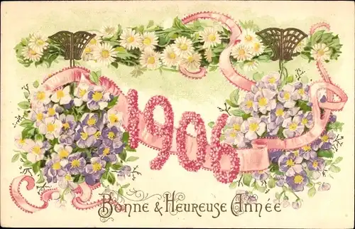 Präge Ak Glückwunsch Neujahr 1906, Blumen, Margeriten