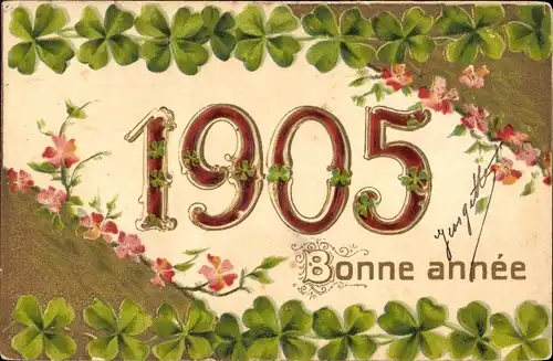 Präge Litho Glückwunsch Neujahr 1905, Glücksklee, Blumen