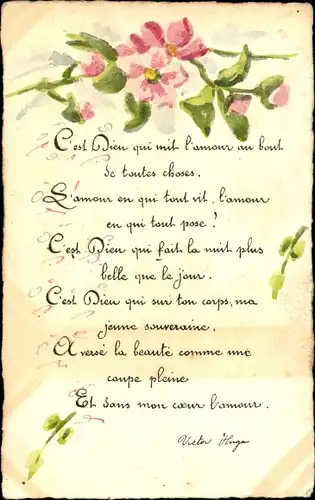 Gedicht Handgemalt Ak Rosa Blüten, Victor Hugo