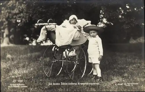 Ak Die beiden Söhne des Kronprinzenpaares, Prinz Wilhelm, Louis Ferdinand, Kinderwagen