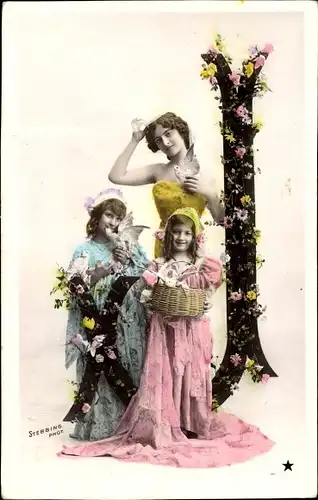Buchstaben Ak Buchstabe J, Frau, Kinder, Blumen